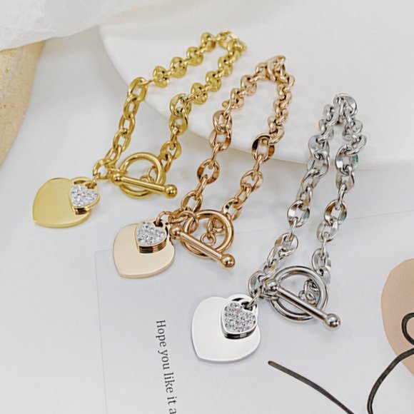 3/$35 Gold Plated Heart Charm Chain Toggle Bracelet Rhinestone Steel Diamond - Picture 6 of 7